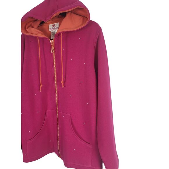 Quacker Factory Full Zip Hoodie XL Womens Long Sleeve Pink Jeweled Pocket Unique - Picture 3 of 13